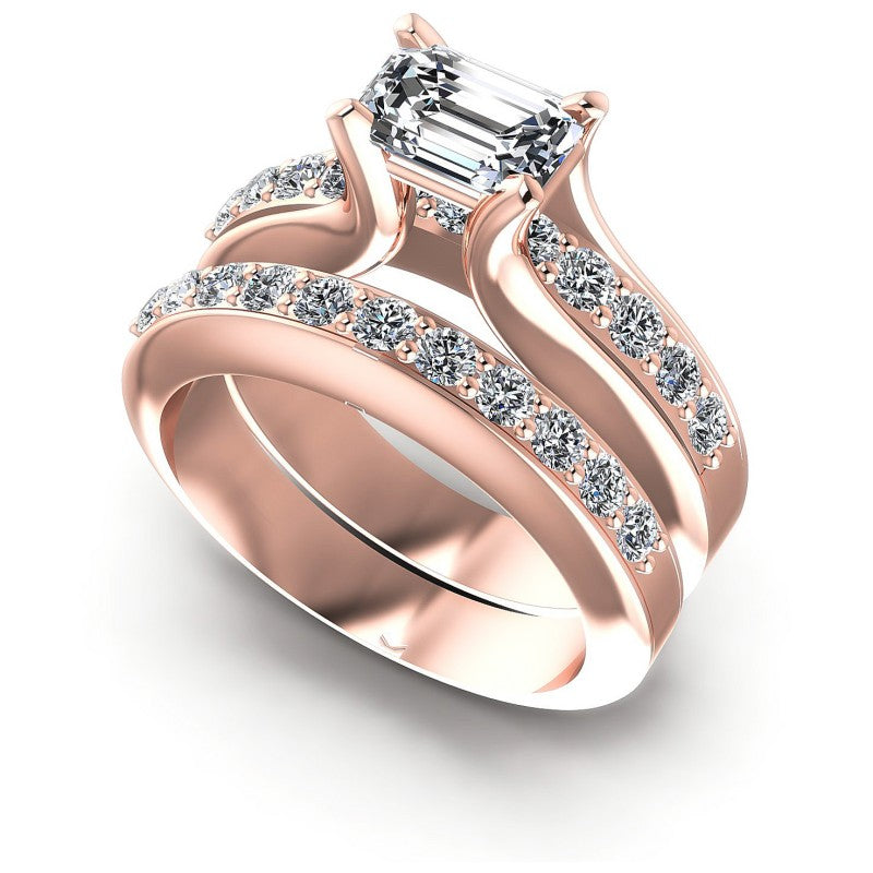 Round And Emerald Cut Diamonds Bridal Set in 18KT White Gold