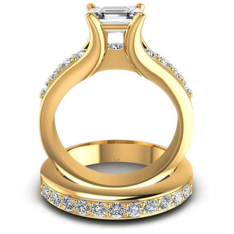 Round And Emerald Cut Diamonds Bridal Set in 14KT Yellow Gold