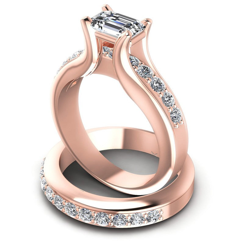 Round And Emerald Cut Diamonds Bridal Set in 18KT Rose Gold