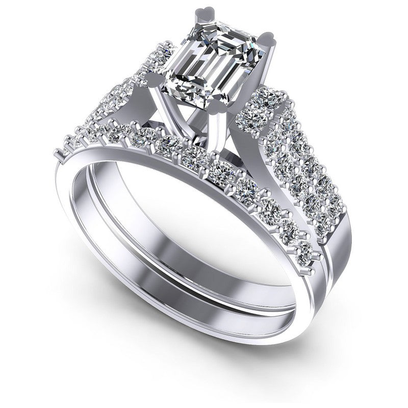 Emerald And Round Cut Diamonds Bridal Set in 14KT White Gold