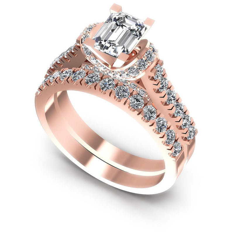Round And Emerald Cut Diamonds Bridal Set in 18KT White Gold