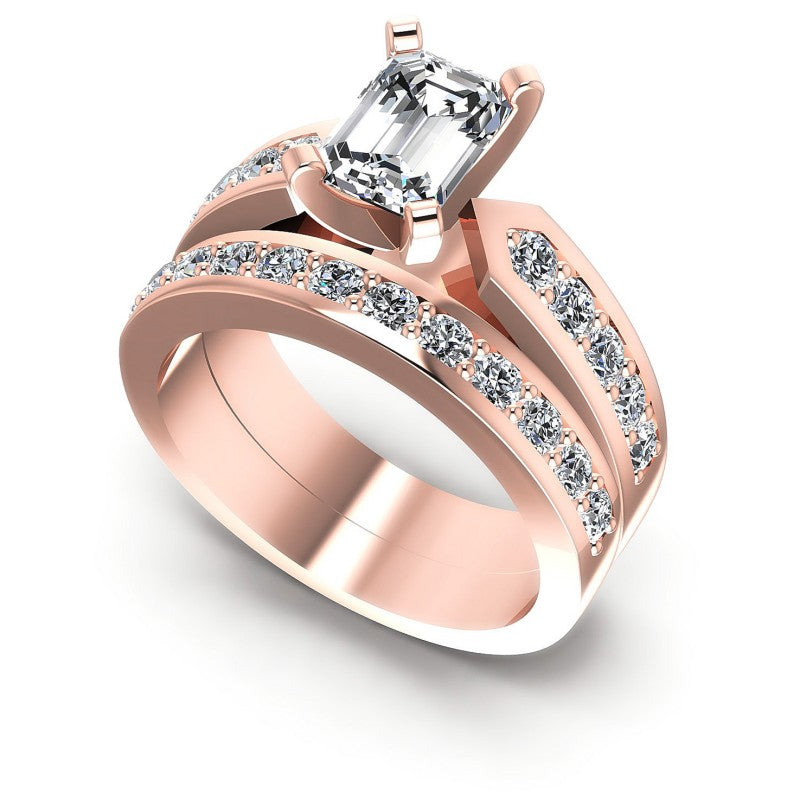 Round And Emerald Cut Diamonds Bridal Set in 18KT White Gold