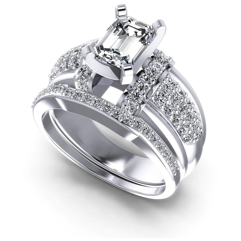 Emerald And Round Cut Diamonds Bridal Set in 14KT White Gold