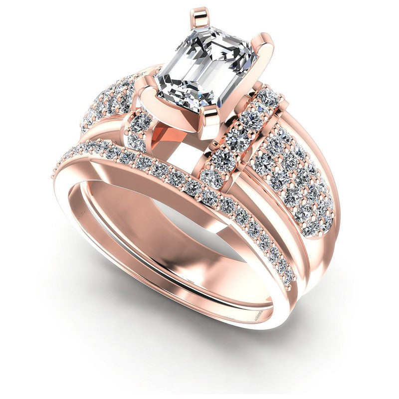 Round And Emerald Cut Diamonds Bridal Set in 18KT White Gold
