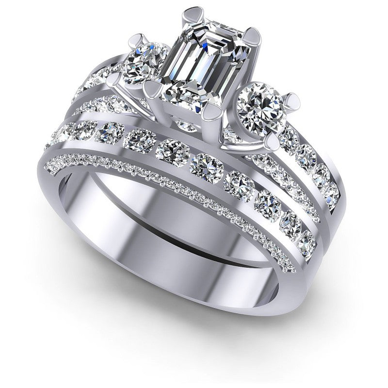 Emerald And Round Cut Diamonds Bridal Set in 14KT White Gold