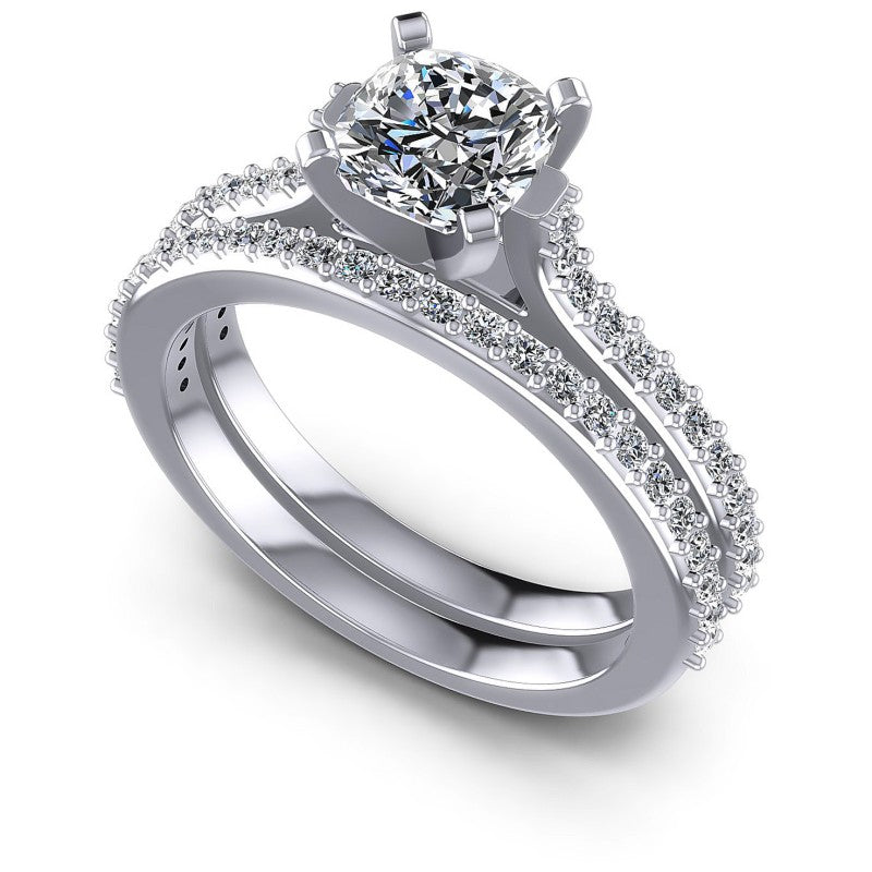Cushion And Round Cut Diamonds Bridal Set in 14KT White Gold