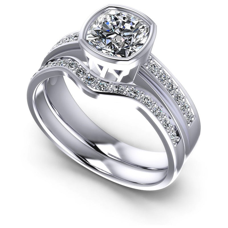 Cushion And Round Cut Diamonds Bridal Set in 14KT White Gold