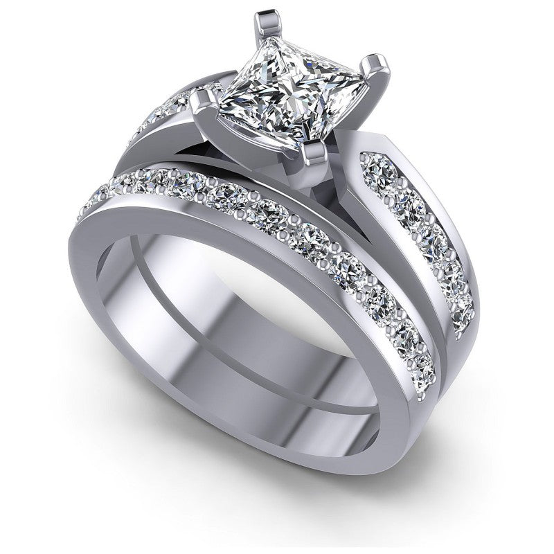 Princess And Round Cut Diamonds Bridal Set in 14KT White Gold
