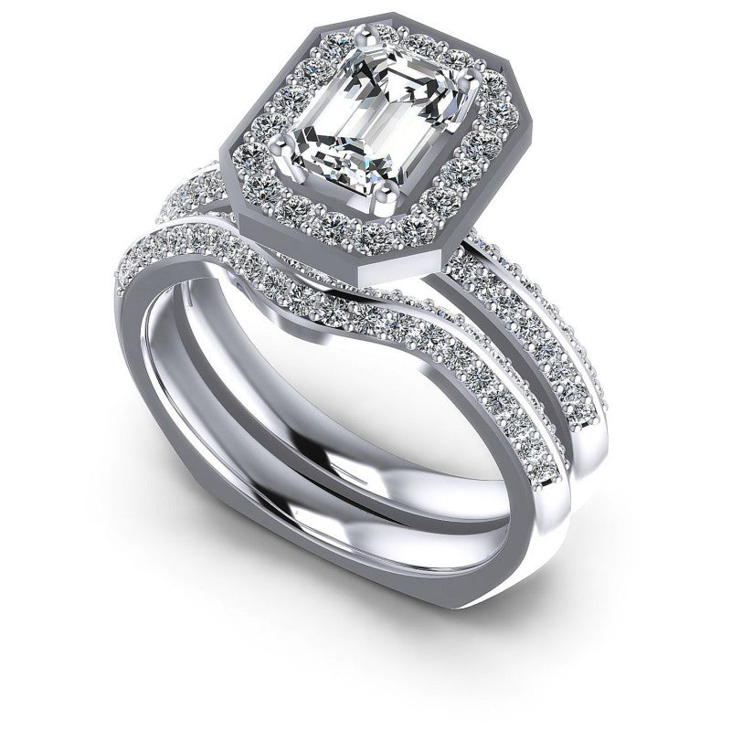 Emerald And Round Cut Diamonds Bridal Set in 14KT White Gold