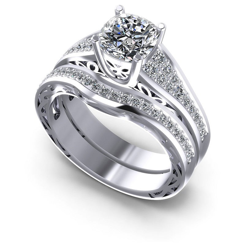 Cushion And Round Cut Diamonds Bridal Set in 14KT White Gold