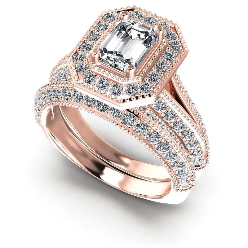 Round And Emerald Cut Diamonds Bridal Set in 18KT White Gold