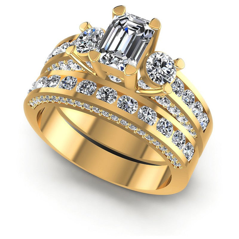 Round And Emerald Cut Diamonds Bridal Set in 14KT White Gold
