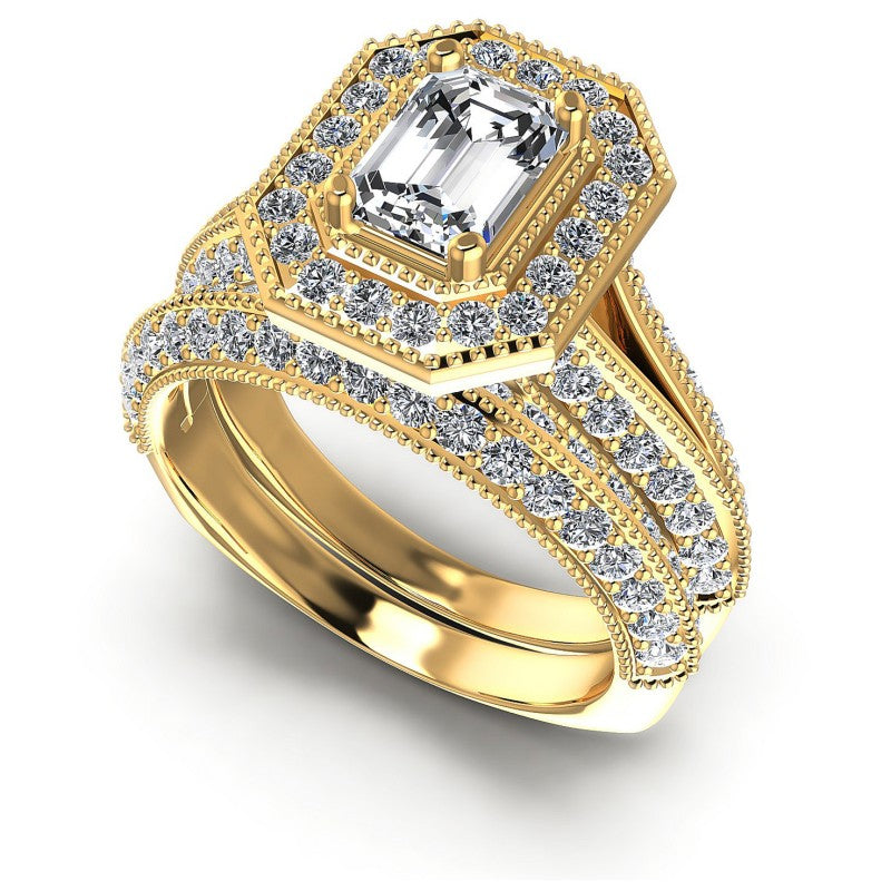 Round And Emerald Cut Diamonds Bridal Set in 14KT White Gold