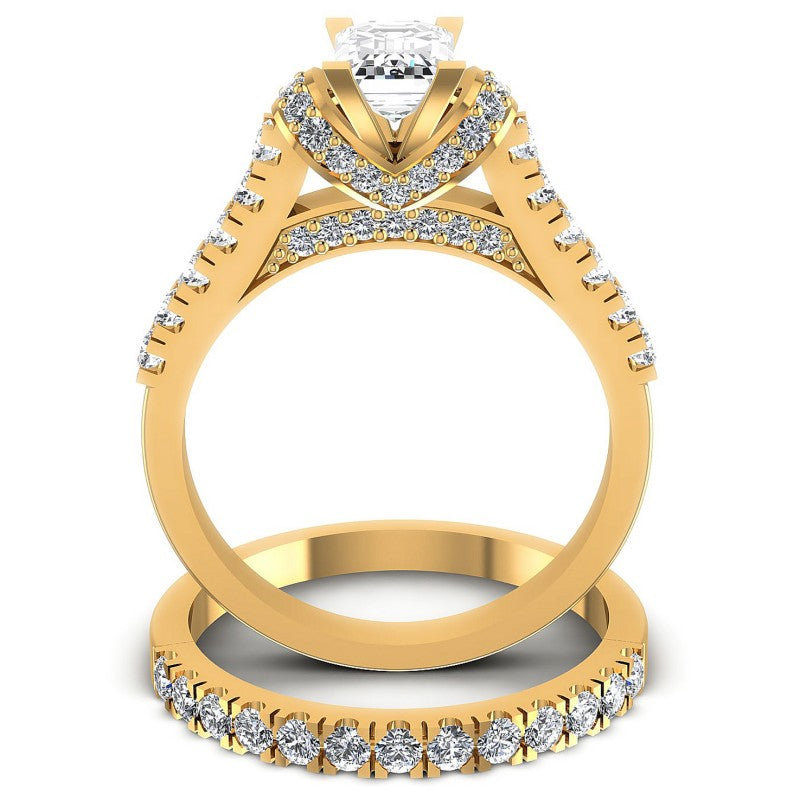 Round And Emerald Cut Diamonds Bridal Set in 14KT Yellow Gold