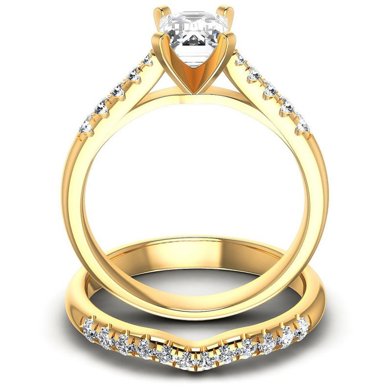 Round And Emerald Cut Diamonds Bridal Set in 14KT Yellow Gold
