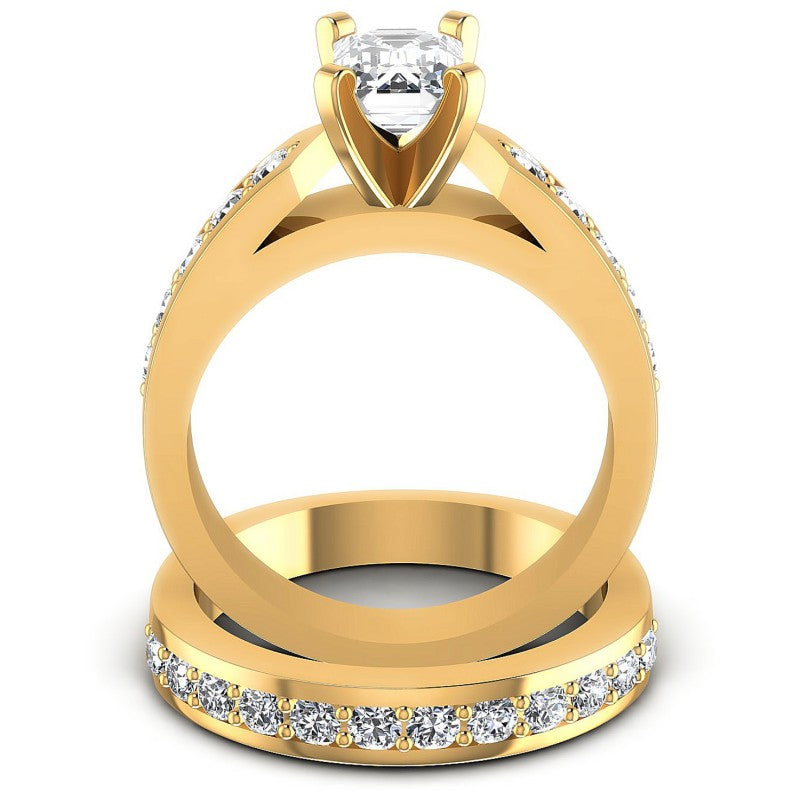 Round And Emerald Cut Diamonds Bridal Set in 14KT Yellow Gold