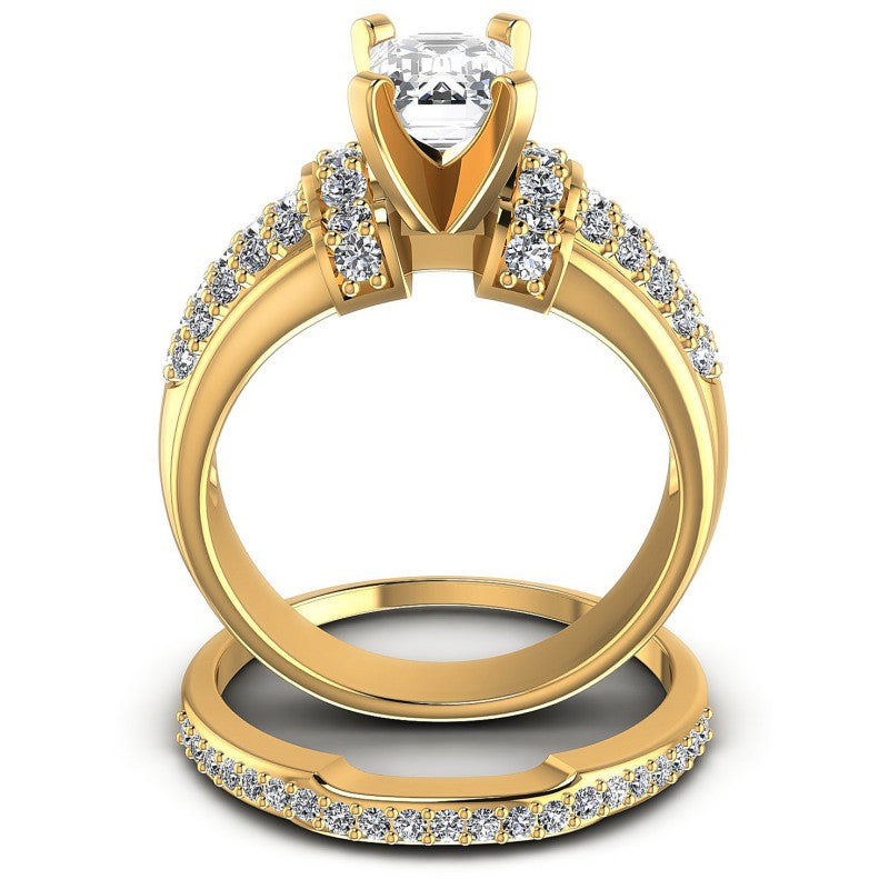 Round And Emerald Cut Diamonds Bridal Set in 14KT Yellow Gold