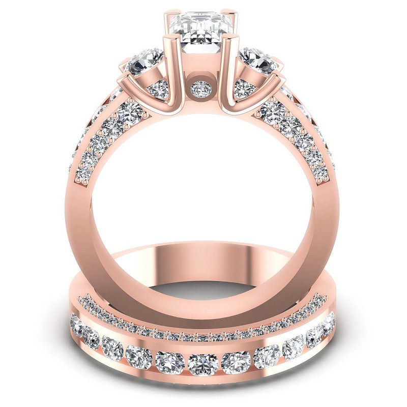 Round And Emerald Cut Diamonds Bridal Set in 18KT Yellow Gold