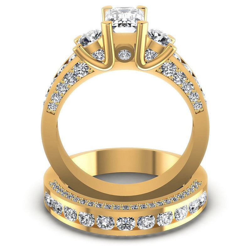 Round And Emerald Cut Diamonds Bridal Set in 14KT Yellow Gold