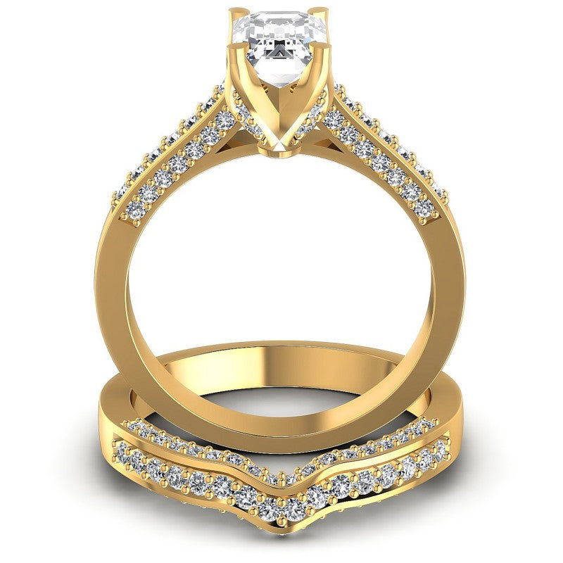 Round And Emerald Cut Diamonds Bridal Set in 14KT Yellow Gold