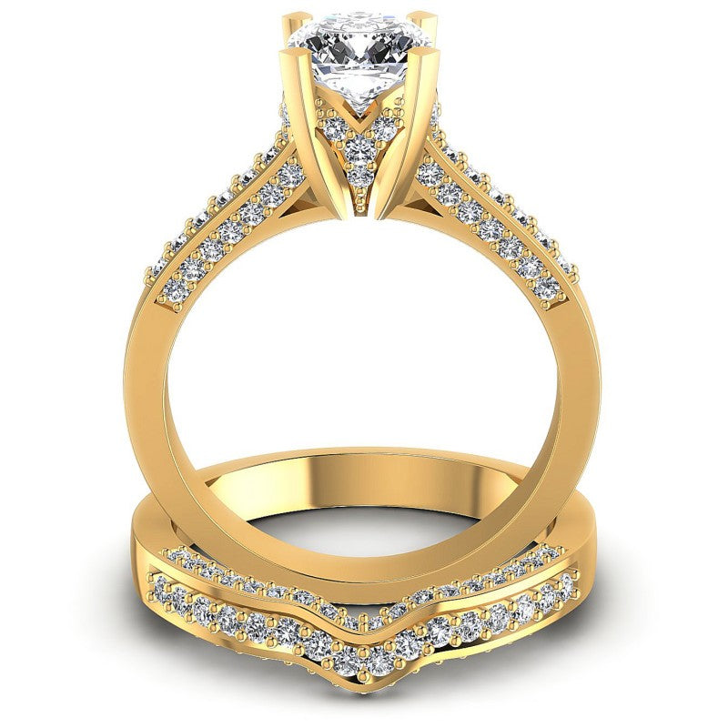 Round And Emerald Cut Diamonds Bridal Set in 14KT Yellow Gold