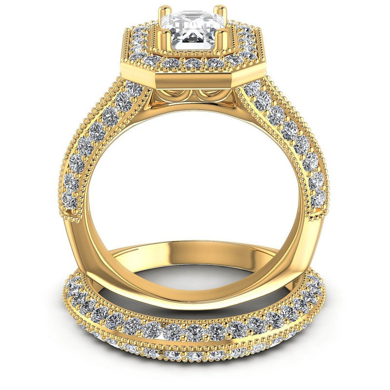 Round And Emerald Cut Diamonds Bridal Set in 14KT Yellow Gold