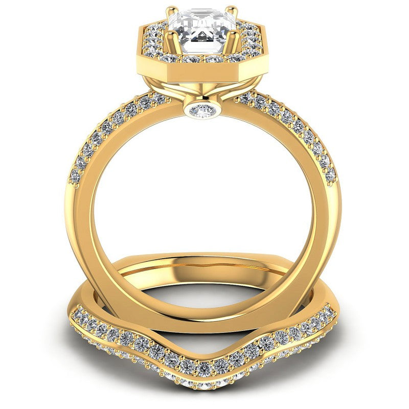 Round And Emerald Cut Diamonds Bridal Set in 14KT Yellow Gold