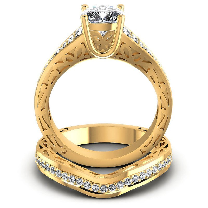 Round And Cushion Cut Diamonds Bridal Set in 14KT Yellow Gold
