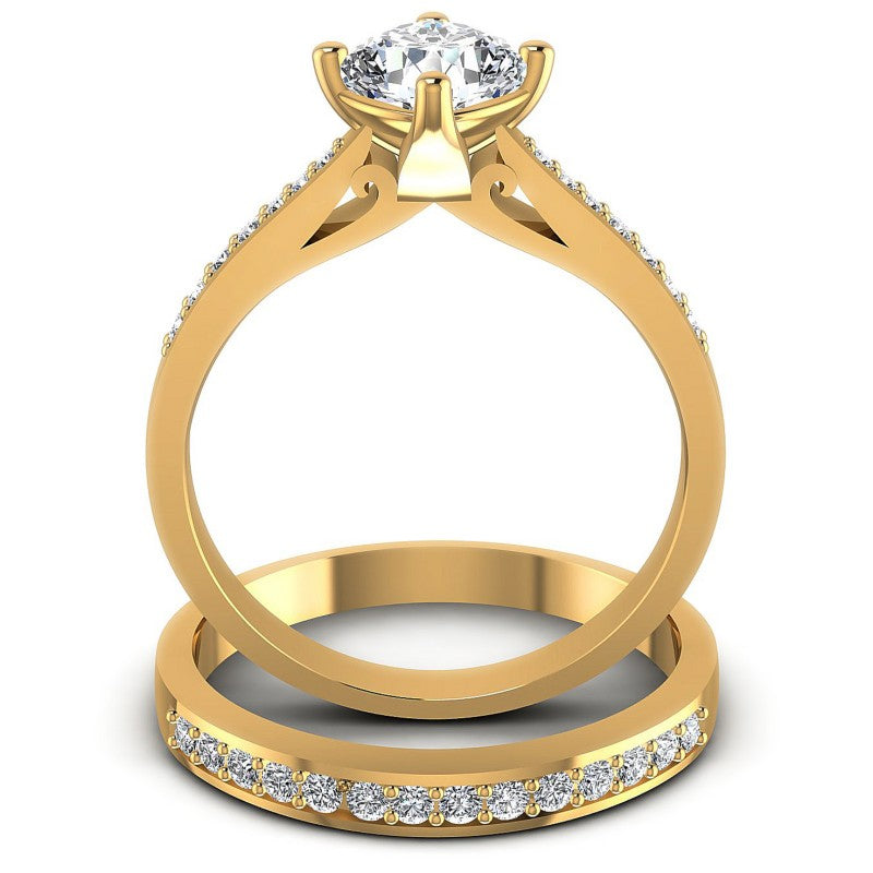 Round And Cushion Cut Diamonds Bridal Set in 14KT Yellow Gold