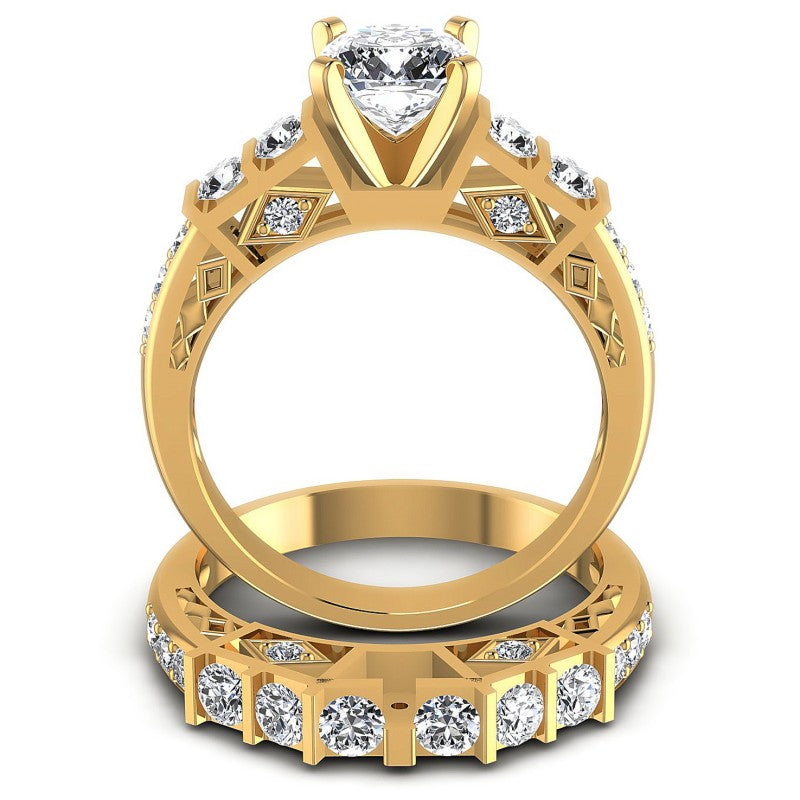 Round And Cushion Cut Diamonds Bridal Set in 14KT Yellow Gold