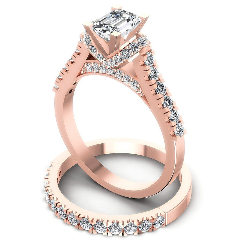 Round And Emerald Cut Diamonds Bridal Set in 18KT Rose Gold