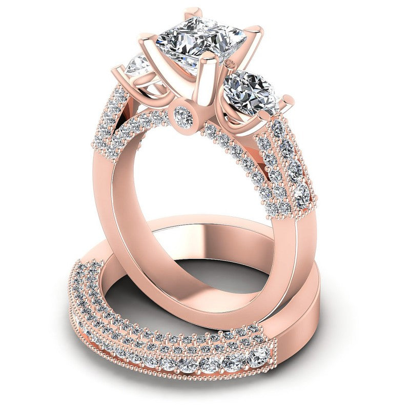 Round And Princess Cut Diamonds Bridal Set in 18KT Rose Gold