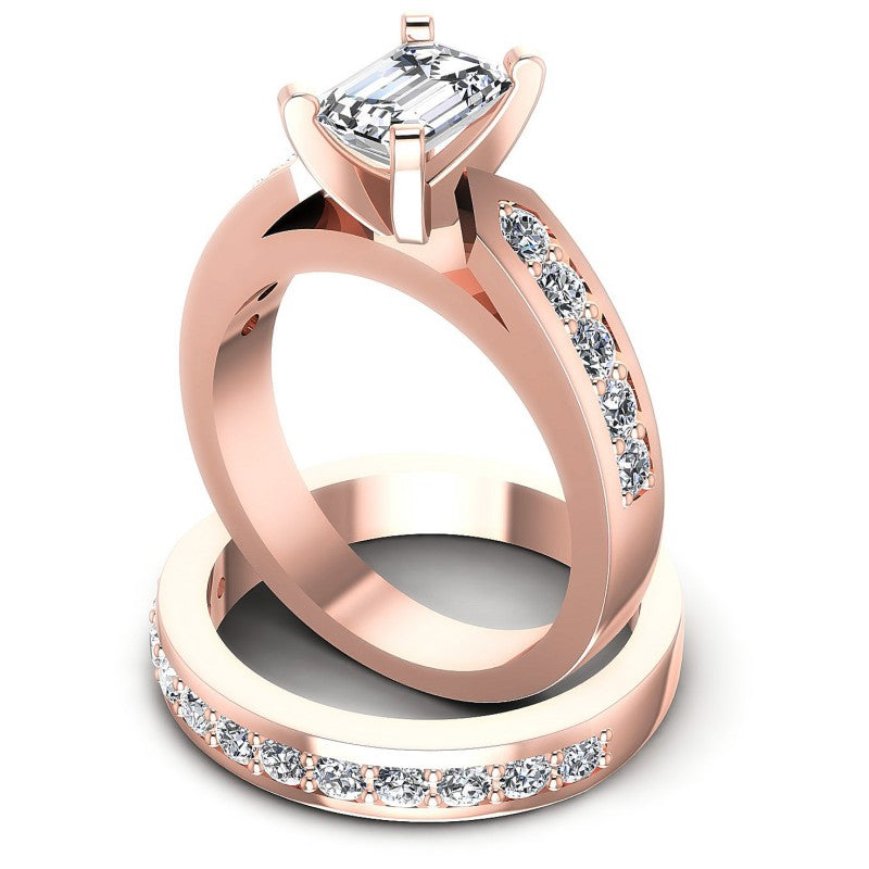 Round And Emerald Cut Diamonds Bridal Set in 18KT Rose Gold