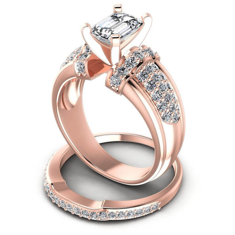 Round And Emerald Cut Diamonds Bridal Set in 18KT Rose Gold