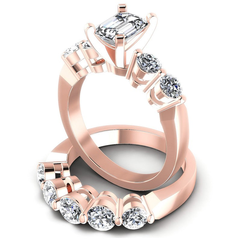 Round And Emerald Cut Diamonds Bridal Set in 18KT Rose Gold