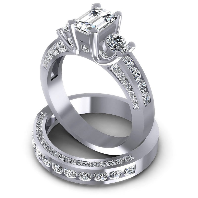 Round And Emerald Cut Diamonds Bridal Set in 14KT Rose Gold