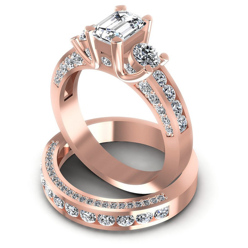 Round And Emerald Cut Diamonds Bridal Set in 18KT Rose Gold