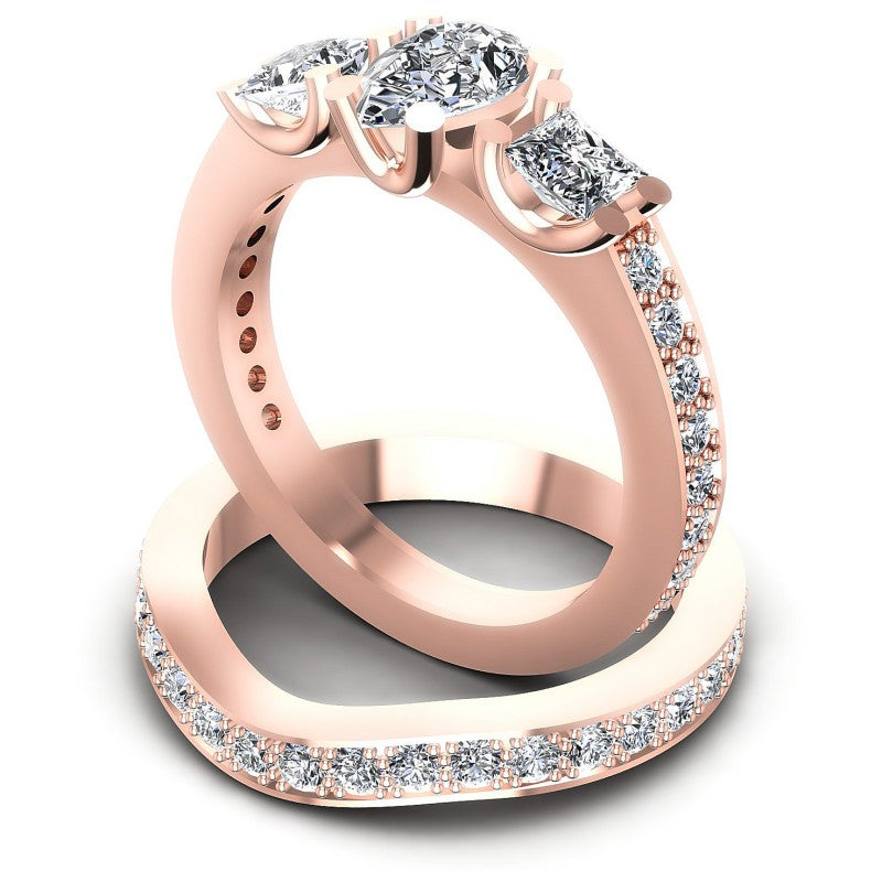 Round And Pear And Princess Cut Diamonds Bridal Set in 18KT Rose Gold