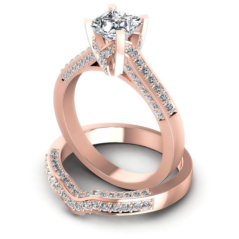Round And Princess Cut Diamonds Bridal Set in 18KT Rose Gold