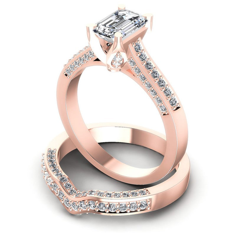 Round And Emerald Cut Diamonds Bridal Set in 18KT Rose Gold