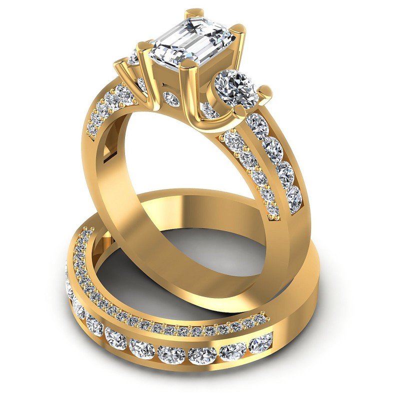 Round And Emerald Cut Diamonds Bridal Set in 14KT Rose Gold