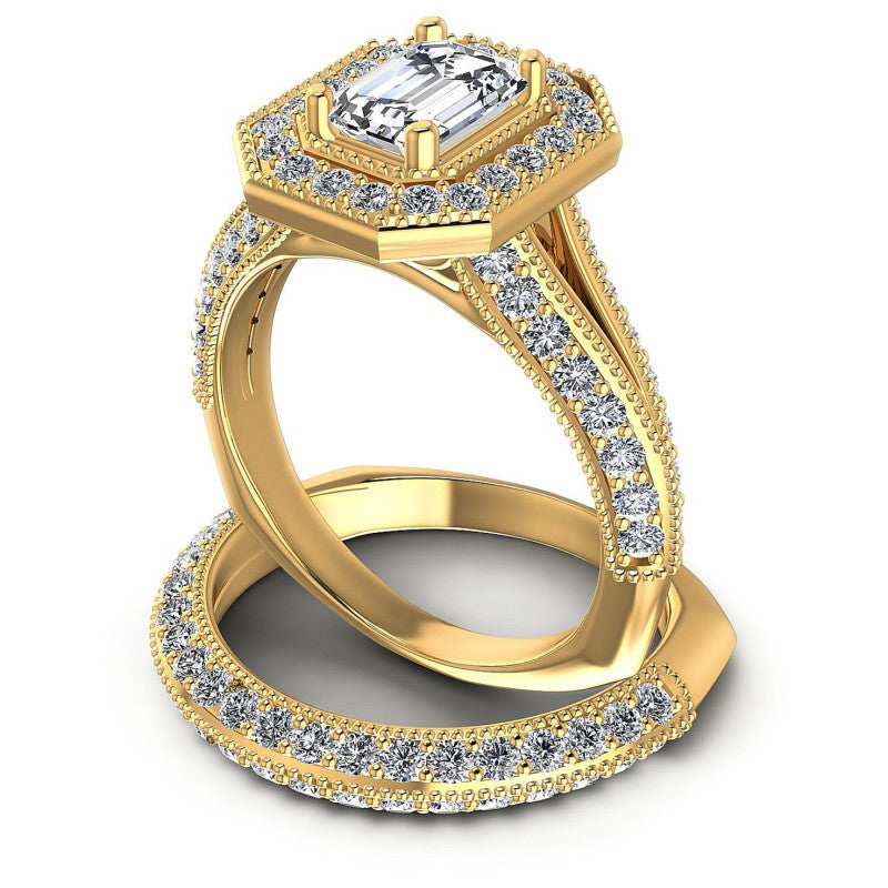 Round And Emerald Cut Diamonds Bridal Set in 14KT Rose Gold