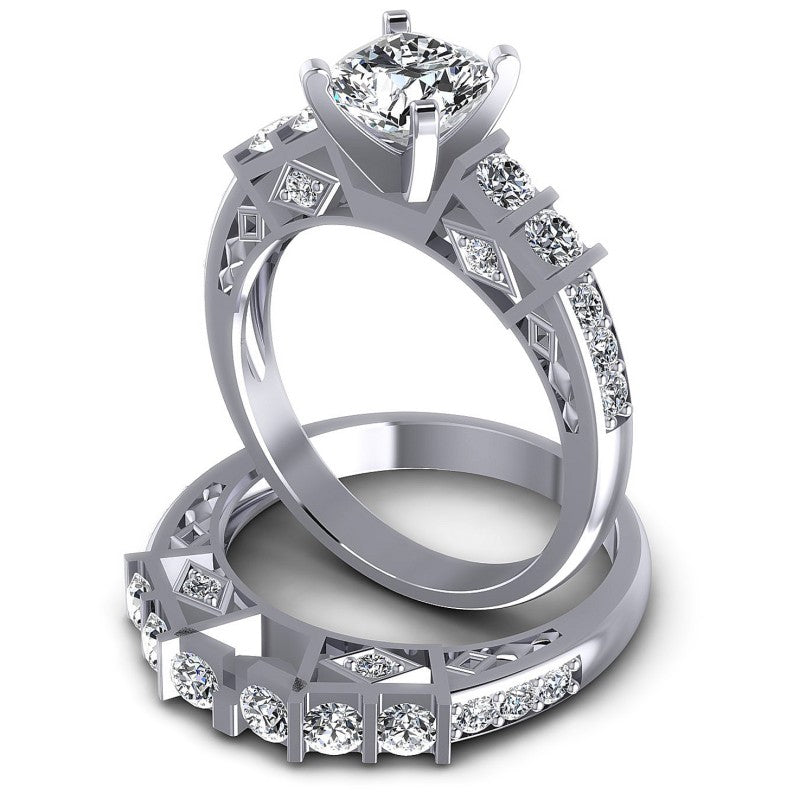 Round And Cushion Cut Diamonds Bridal Set in 14KT Rose Gold
