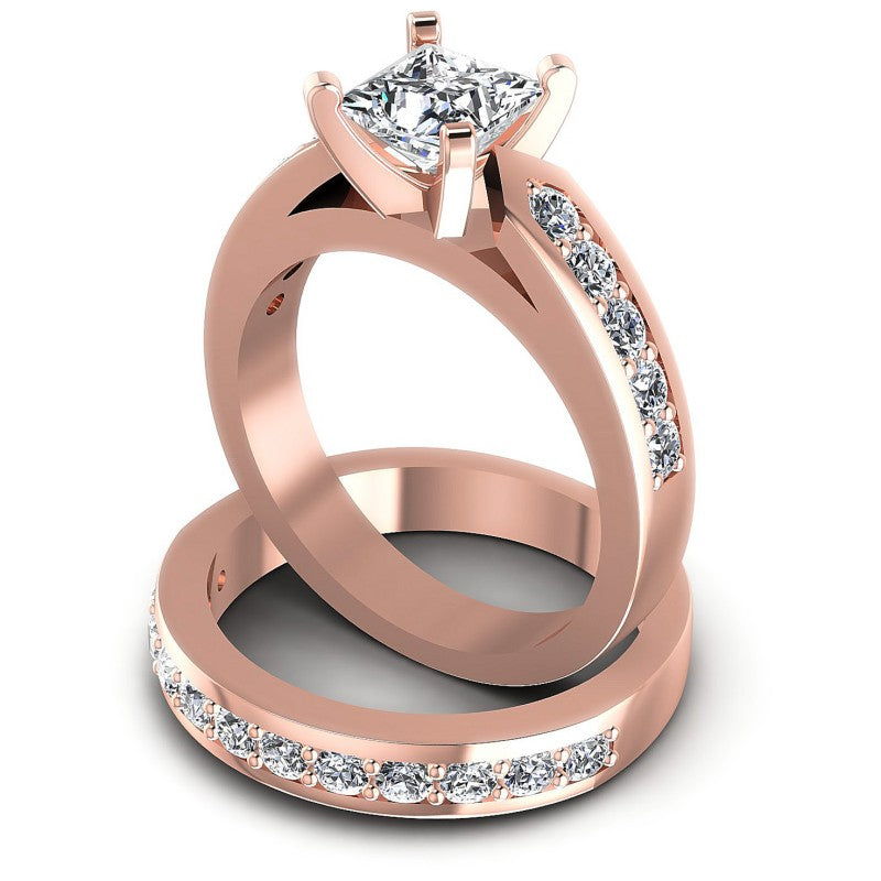 Round And Princess Cut Diamonds Bridal Set in 18KT Rose Gold