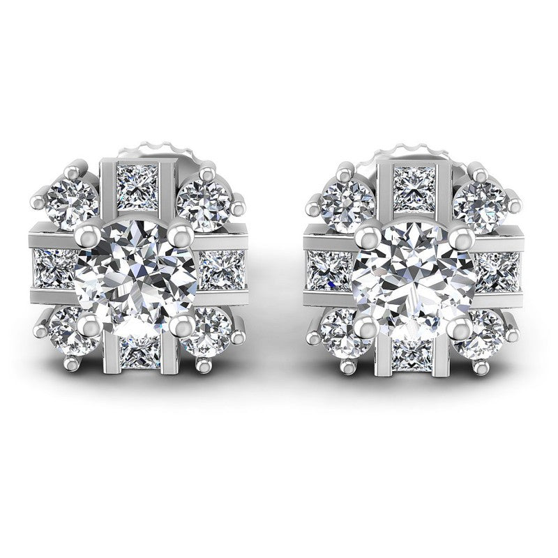 Princess and Round Diamonds 0.65CT Designer Studs Earring in 14KT White Gold