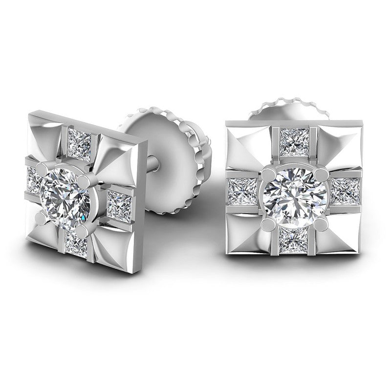 Princess and Round Diamonds 0.80CT Designer Studs Earring in 14KT Yellow Gold
