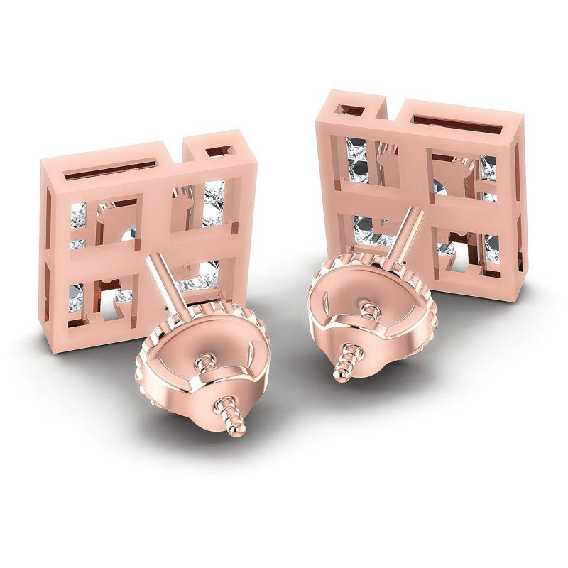 Princess and Round Diamonds 0.95CT Designer Studs Earring in 18KT Rose Gold