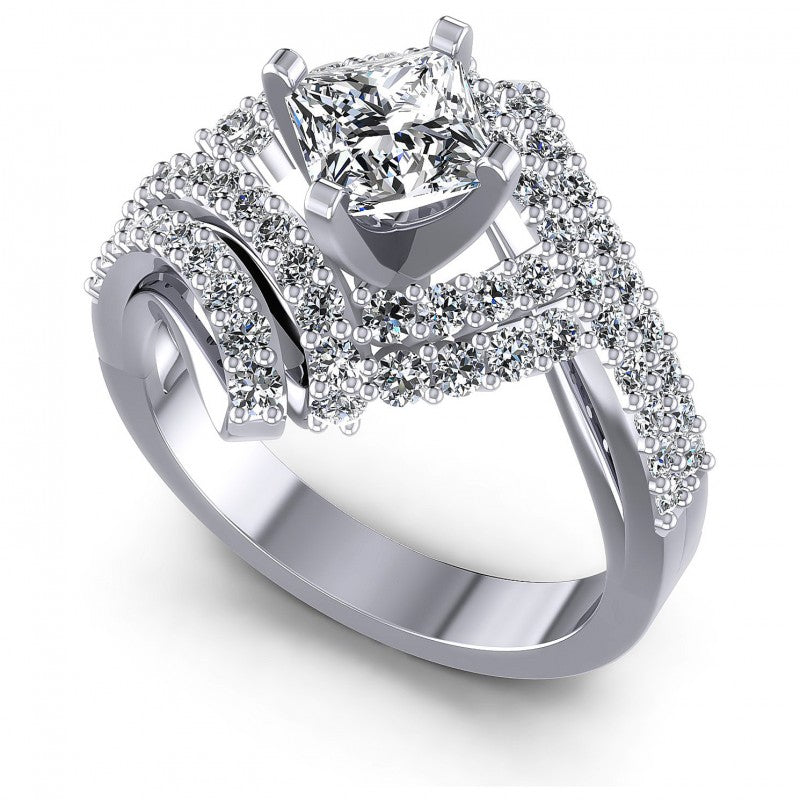 Princess and Round Diamonds 1.15CT Engagement Ring in 14KT White Gold