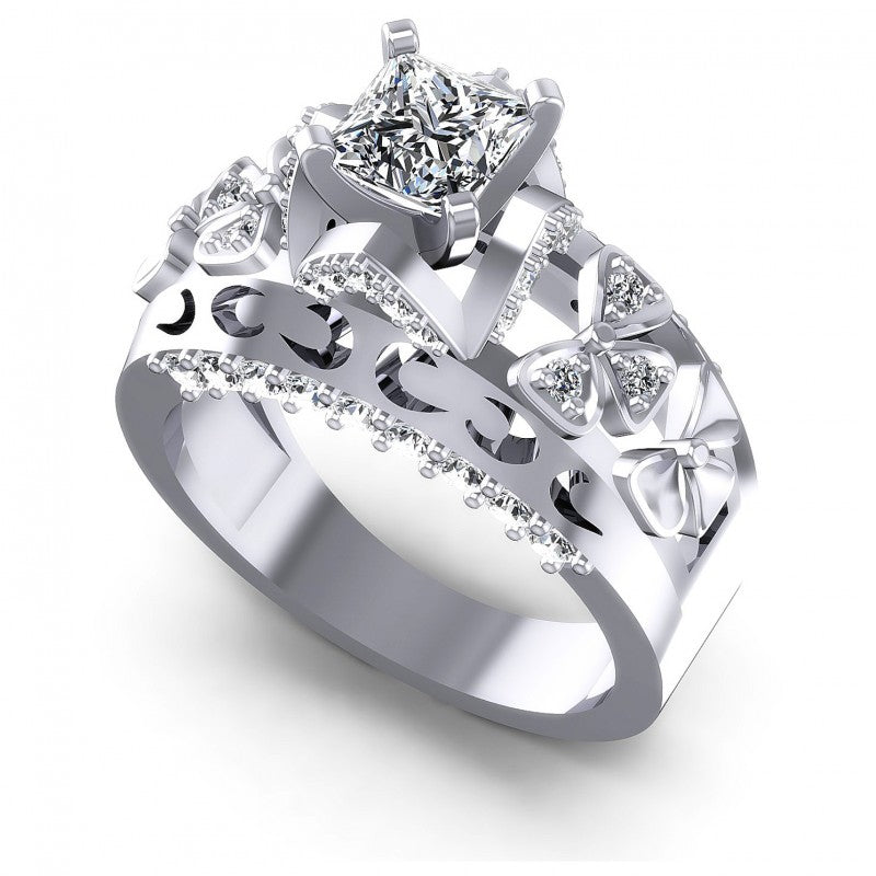 Princess and Round Diamonds 1.10CT Engagement Ring in 14KT White Gold
