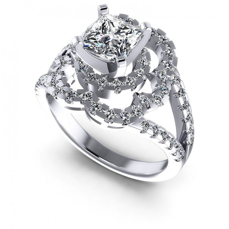 Princess and Round Diamonds 1.30CT Engagement Ring in 14KT White Gold
